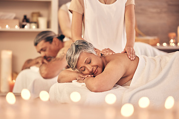 Image showing Luxury, massage and zen with old couple in spa for vacation, relax and beauty salon. Peace, wellness and holiday with senior woman and man in hotel villa for retirement, oil treatment and body care