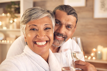 Image showing Selfie, champagne and portrait with old couple in spa for anniversary, celebration or social media. Relax, massage and profile picture with senior man and woman in villa for luxury, vacation or peace