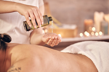 Image showing Spa therapy, massage oil and man with luxury care, wellness and muscle relax with hands, stress relief and peace. Zen hospitality, person and client with treatment, beauty salon and calm on holiday