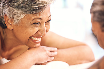 Image showing Smile, relax and a mature couple at a spa for love, communication or a honeymoon together. Happy, wellness and a woman with a man on a bed for a treatment or grooming on a vacation at a hotel