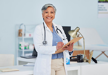 Image showing Smile, doctor and checklist with portrait of woman in hospital for consulting, medical and pharmacy. Healthcare, medicine and happy with mature person for wellness, therapist and life insurance