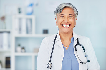 Image showing Smile, doctor and space with portrait of woman in hospital for consulting, medical and pharmacy. Healthcare, medicine and happy with mature person in clinic for wellness, therapist and life insurance