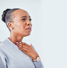 Image showing Sick, mockup and black woman with sore throat in studio for influenza, cold or allergies on white background. Cough, tuberculosis and African lady with chest, infection or breathing, lung or problem