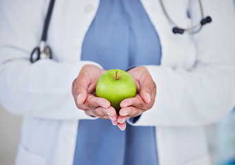 Image showing Doctor, hands and apple in healthcare diet, natural nutrition or healthy vitamin food at the hospital. Closeup of medical professional holding organic green fruit for health and wellness at clinic