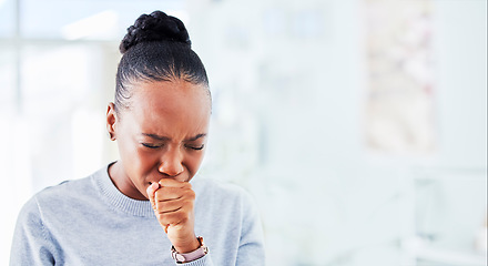 Image showing Sick, cough and black woman with sore throat at home for influenza, cold or allergies on wall background. Coughing, tuberculosis and African lady with chest, infection or breathing, lung or problem