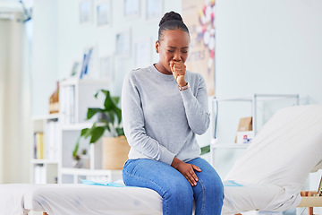 Image showing Black woman, sick and throat infection on bed at hospital waiting for doctor in checkup, visit or appointment. Frustrated African female person or patient with sore neck, virus or cough at the clinic