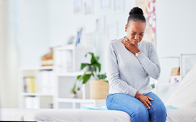 Image showing Black woman, sick and throat virus on bed at hospital waiting for doctor in checkup, visit or appointment. Frustrated African female person or patient with sore neck, infection or cough at the clinic