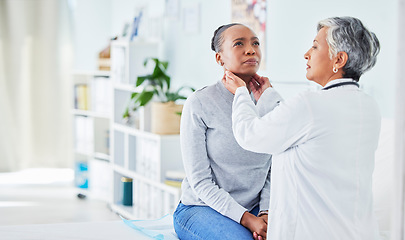 Image showing Doctor, patient and feel throat in hospital of a black woman with virus, pain or infection. Health care worker and sick person check glands or sore neck for thyroid, tonsils or medical lymph nodes