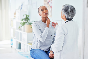 Image showing Doctor, patient and hospital for sore throat of woman with virus, pain or infection. Health care worker and sick African person to check neck for thyroid, tonsils or respiratory medical consultation