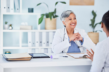 Image showing Doctor, healthcare woman and office in consultation, support and services, helping or clinic advice. Senior expert, medical worker and patient for happy news, hospital checklist and application