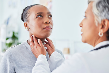 Image showing Sore throat, doctor and woman patient in hospital for virus, pain or infection. Healthcare worker and sick African person check neck for thyroid exam or respiratory care at medical consultation