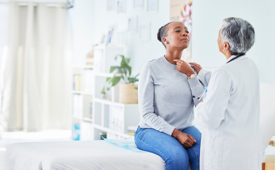 Image showing Black woman, doctor and patient with throat infection, consultation or checkup at the hospital. Sick African female person with sore neck, injury or virus in appointment with healthcare professional