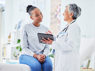 Image showing Doctor, women and tablet for happy healthcare, hospital news and support with test results or exam on bed. Senior nurse and patient with digital registration, clinic sign up and medical consultation