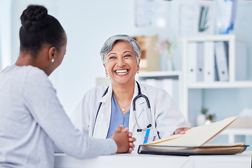 Image showing Doctor, women and folder for healthcare consulting, hospital services and patient history, charts or results. Senior nurse and medical documents or files for office, clinic info and health insurance