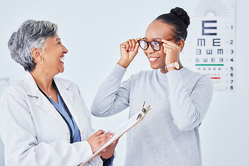 Image showing Vision, glasses and optometrist, clipboard and black woman patient, health insurance and prescription lens with frame. Eye care, exam and diagnosis with assessment, paperwork and choice with help