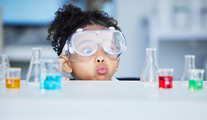 Image showing Science, learning and surprise with child in laboratory for experiment, education and research. Future, funny and knowledge with face of young girl and chemicals for results, medicine and analysis