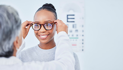 Image showing Vision, glasses choice and optometrist with black woman patient, healthcare and prescription lens with frame at clinic. Eye care, exam and diagnosis with assessment, health and wellness with help