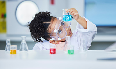 Image showing Science, learning and research with child in laboratory for experiment, education and health. Future, study and knowledge with face of young girl and chemicals for results, medicine and analysis