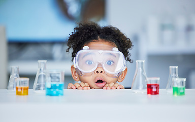 Image showing Science, learning and portrait of child in laboratory for experiment, education and research. Future, study and knowledge with face of young girl and chemicals for results, medicine and analysis