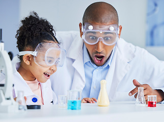 Image showing Happy, father and girl with chemistry experiment, education and learning with wow, excited and school. Family, male parent or child with science, project and medical research with knowledge and omg