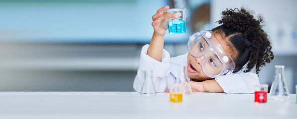 Image showing Chemistry, science and a child with liquid for research, futuristic innovation or project for education. Surprise, physics and a girl or young scientist with a test to study water for learning