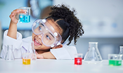 Image showing Science, eduction and smile with child in laboratory for experiment, learning and research. Future, study and knowledge with face of young girl and chemicals for results, medicine and analysis