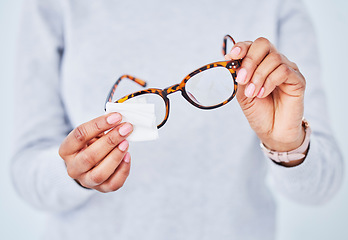 Image showing Hands, cleaning lens and glasses, hygiene and vision with eye care and health, wipe and dust with pattern frame. Optometry, visual and person with eyewear, maintenance and wellness with improvement