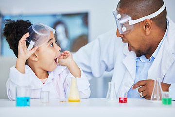 Image showing Wow, father and girl with chemistry experiment, knowledge and learning with omg, excited and school. Family, male parent and child with science project, surprise and medical research with education