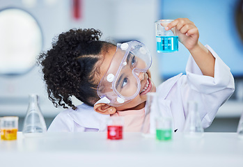 Image showing Science, learning and happy with child in laboratory for experiment, education and research. Future, study and knowledge with face of young girl and chemicals for results, medicine and analysis