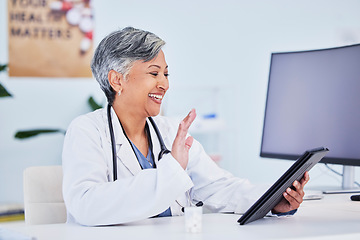 Image showing Hello, woman and doctor with a tablet, video call and connection with healthcare, greeting and medical advice. Wave, employee and medical professional with technology, support and online consultation