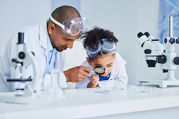 Image showing Lab work, father and child with magnifying glass for learning, research and science study. Scientist, student and chemistry project with dad and young girl with medical and laboratory analysis