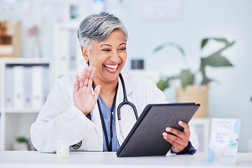 Image showing Wave, woman and doctor with a tablet, video call and telehealth with online consultation, help and support. Happy person, employee or medical professional with technology, advice and healthcare