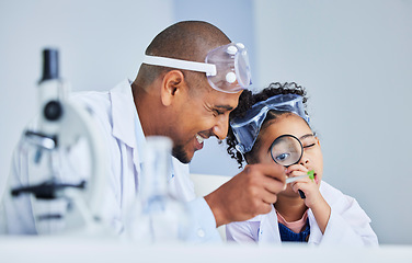 Image showing Lab study, father and child with magnifying glass for plant learning, research and science. Scientist, student and chemistry project with a happy dad and young girl with medical education analysis