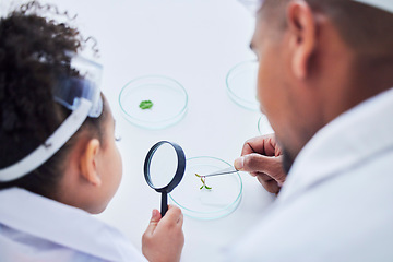 Image showing Plant study, father and child with magnifying glass for eco learning, research and science. Scientist, student and sprout growth check project with a dad and young girl back with medical analysis