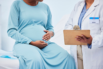 Image showing Pregnant woman, doctor hands and checklist in hospital consulting, gynecology service and healthcare test, exam or results. Medical gynecologist, nurse and pregnancy charts, clipboard and clinic bed