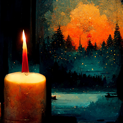 Image showing Three candles with warm atmosphere. Candlelight Christmas card t