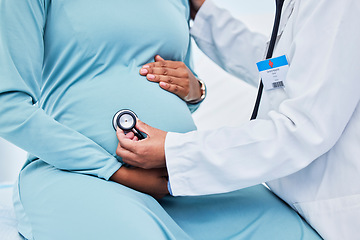 Image showing Pregnant woman, doctor hands and stethoscope in hospital consulting, gynecology services or listening for baby. Mother stomach, abdomen and pregnancy, medical gynecologist or people in clinic support