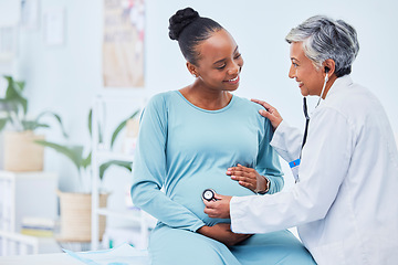 Image showing Black woman, pregnant and doctor listening to heart beat in checkup, appointment or visit at hospital. Happy African female person in maternity and mature medical or healthcare professional at clinic