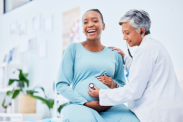 Image showing Doctor, woman portrait and heart rate pregnancy in a hospital with mama and baby care. Wellness, abdomen and pregnant healthcare with nurse and medical chart of a clinic check for health of a mother