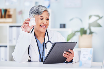 Image showing Pills, woman and doctor with a tablet, video call and connection with healthcare, advice and support. Discussion, employee and medical professional with technology, medication and online consultation