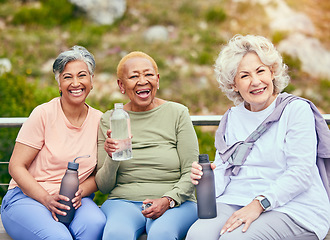 Image showing Senior women, fitness or portrait of friends in outdoor activity together for health or exercise in retirement. Support, diversity or happy elderly people drinking water to relax on break in training