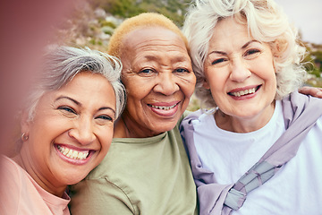 Image showing Senior women, fitness or selfie portrait of friends in outdoor activity together for health or exercise in retirement. Face photo, diversity or happy elderly people take pictures on break in training