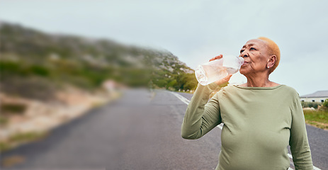 Image showing Road, fitness or black woman drinking water in fitness training, workout or exercise for health. Mature, runner or tired senior person with bottle for liquid hydration or energy in street to relax