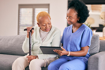 Image showing Tablet, caregiver and senior woman on sofa to browse internet, telehealth and website together. Retirement, nursing home and nurse with elderly person on digital tech for medical result or report