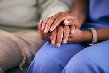 Image showing Nurse, holding hands and elderly support in a retirement and nursing home with care. Healthcare, nursing and medical professional with a patient showing empathy, kindness and compassion at doctor job