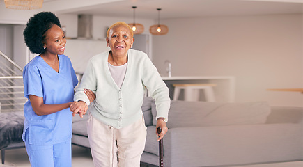 Image showing Nurse, portrait and senior black woman with cane, help and smile in home. Caregiver, support and elderly patient with a disability, walking stick and kindness in assistance, empathy and healthcare