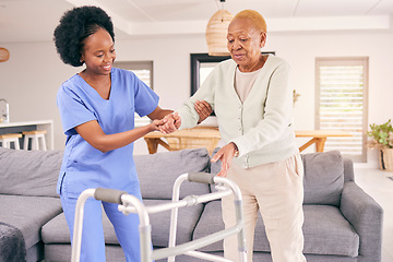 Image showing Doctor, senior woman and walking frame for support, healthcare service and helping with balance and disability. Medical physiotherapist, caregiver or nurse with african elderly patient in living room