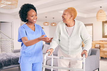 Image showing Doctor, elderly woman and walking frame for support, healthcare service and nursing or caregiver helping. Medical physiotherapy, happy nurse and senior african patient with disability in living room