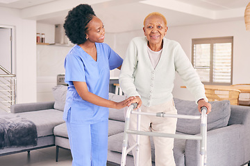 Image showing Nurse, elderly woman and walking frame for support, healthcare service and health portrait at home. Medical physiotherapy, doctor helping and african elderly patient with disability in living room