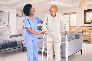 Image showing Nurse, senior woman and walking frame for homecare, healthcare service and muscle health and disability support. Medical physiotherapy, doctor helping and african elderly patient in living room